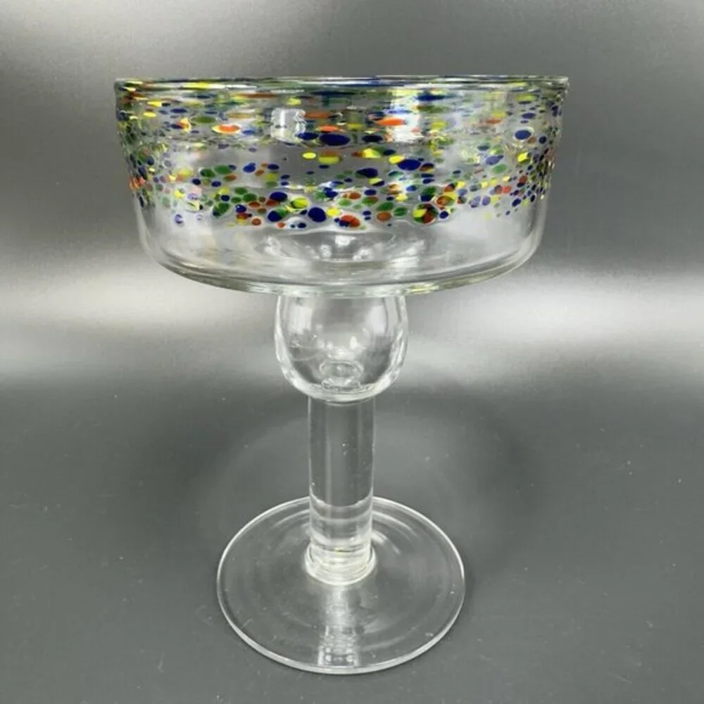 Mexican Blown Glass Margarita Glasses Cups Set 2 Clear With Multicolor Spots VTG
